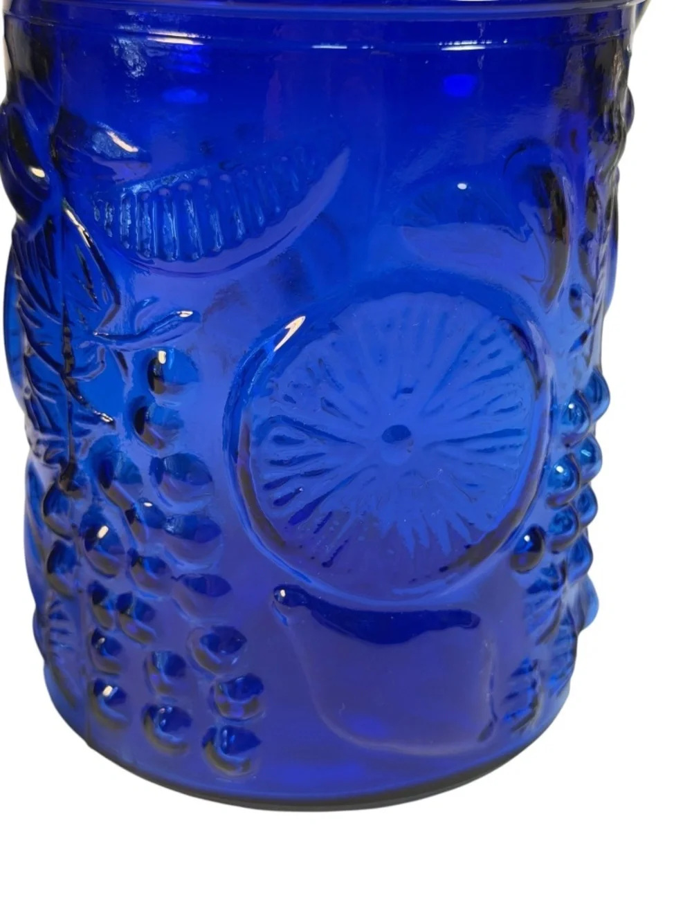 Cobalt Blue Glass Canister Embossed Fruit Lemon Cherries Grapes Wire Bail 6